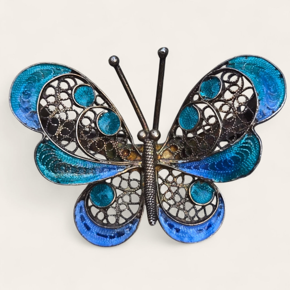 Vintage Filigree Butterfly Brooch GEALIOTA ADRIANA Italian Enamel Pin STERLING